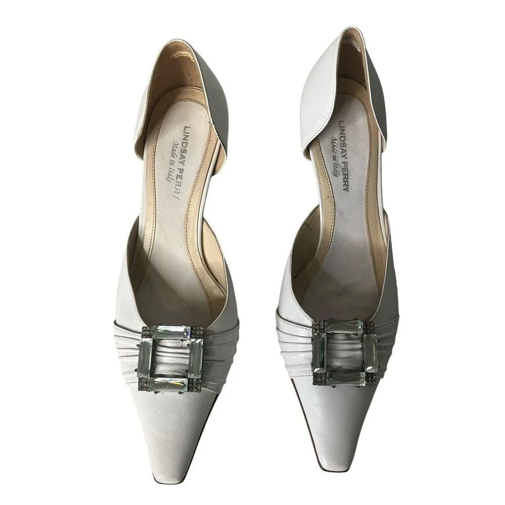 Lindsay‎ Perry Made in Italy White Leather Pointed Toe Heels Rhinestone 6 /36.5